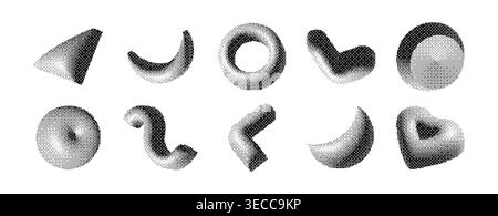 Y2k dithered geometric shapes set isolated on white background. Vector illustration of retro 3d torus, heart, circle, cone elements with soft shadows, trendy halftone dot models with raster effect Stock Vector