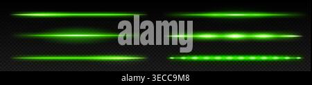 Glowing neon light beams set isolated on transparent background. Vector realistic illustration of LED strips with vibrant green laser effects, quick energy flash design, horizontal lightning stripes Stock Vector