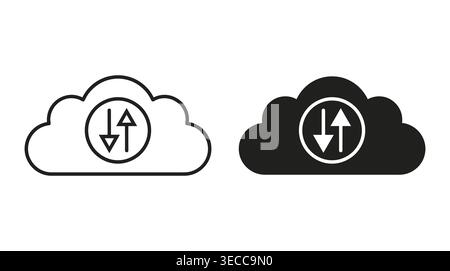 Cloud data transfer icon collection, flat monochromatic symbols for networking, storage, sync, connection, and update Stock Vector