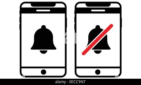 Mobile phone notification toggle icon collection, simple linear vector style, bells, alerts, buzzers, silence, and mute Stock Vector