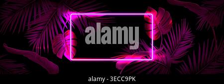 Neon tropical party rectangle frame glowing with pink palm and monstera leaves on dark background. Vector nightclub poster, summer beach events. Rainforest invitation border Stock Vector
