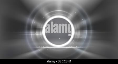 Glowing white light halo with radiant neon flare effects. Vector realistic illustration of abstract luminous circular rings on silver background, magic portal energy, bright aura luminous circles Stock Vector