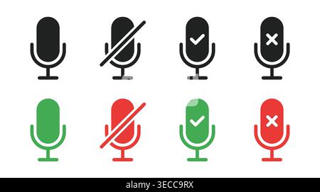 Microphone interface symbol collection in a flat vector format, audio connection, mute status, voice access, and control. Stock Vector