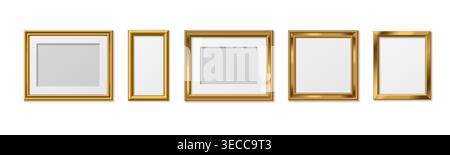 Elegant gold frames with wooden or metal borders for photos and artwork, 3d realistic vector set isolated on white background. Classic golden picture design for certificates and paintings Stock Vector