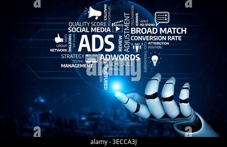 A sleek robotic hand interacts with a visual display of digital marketing elements, emphasizing the importance of ads, strategies, and performance ana Stock Photo