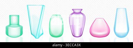 Set of color glass vases with reflections isolated on transparent background. Vector realistic illustration of empty 3D carafes of different shape, modern pitcher for flowers, interior design elements Stock Vector