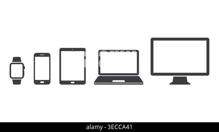Modern electronic device collection in solid flat style, smartwatch, smartphone, tablet, laptop, and desktop computer. Stock Vector