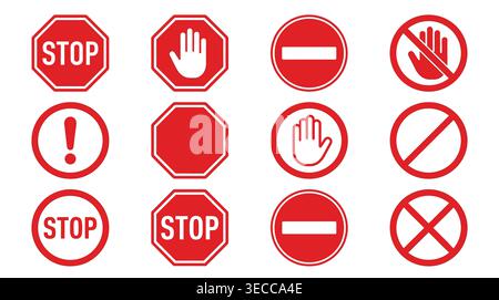 Road safety signs collection, flat vector icons for traffic regulations involving warnings, prohibitions, entry, and danger. Stock Vector