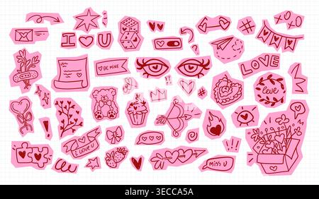 Cute scrapbook stickers for Valentine Day collage. Vector illustration set of heart, flower, eyes, romantic gift doodles, vintage love patches, romantic pink icons for retro handmade greeting cards Stock Vector