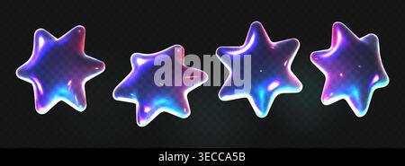Transparent 3D glass star icons with holographic glossy effect, vector illustrations isolated on dark background. Realistic star bubble shapes with rainbow light refraction, liquid texture Stock Vector