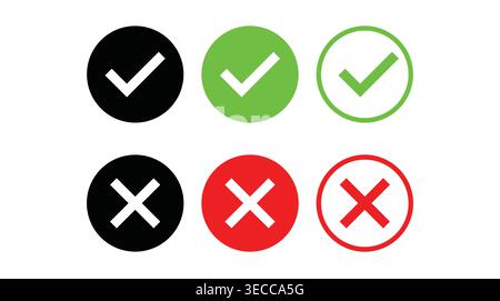 Verification and error status symbol collection in flat modern style, agreement, validation, rejection, check, and cross Stock Vector