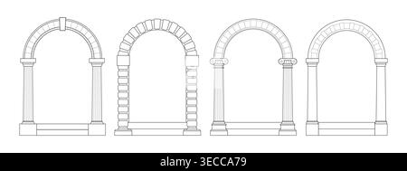Ancient Greek arch with classic pillars, vector line art illustrations isolated on white background. Vintage sketch frame design with roman columns for logo, posters. Vintage antique archway Stock Vector