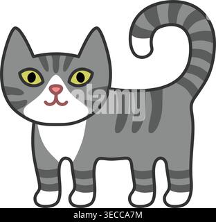 Cute gray tabby cat with striped pattern and white chest and paws in simple cartoon style. Friendly kitten character with clean outline and soft neutr Stock Vector