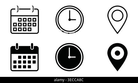 Essential business navigation set in minimalist vector style, featuring calendar, clock, location, contact, and time Stock Vector