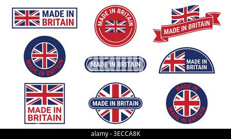 Made in Britain product label collection, vector graphic set, quality certification, national branding, and commerce labels. Stock Vector