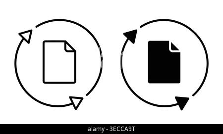 Document synchronization icon set in simple linear and solid shapes, representing file update, refresh, swap, and reload Stock Vector