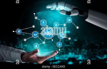 Visual representation of human and robot collaboration showcasing artificial intelligence in a digital network, highlighting innovation in technology Stock Photo
