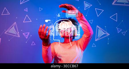 A young person engages with advanced AI technology, emphasizing the role of virtual assistants in a vibrant, futuristic atmosphere filled with digital Stock Photo