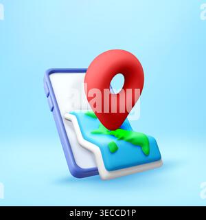 3D Smartphone with red location pin on digital map Stock Vector