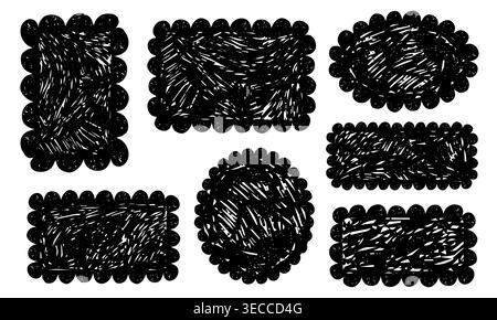Scribble crayon doodle scalloped frames set. Chalk grunge girly blobs for text. Fluffy, wiggle label, stamp. Wavy whimsical edges curly doodle border. Vector illustration Stock Vector