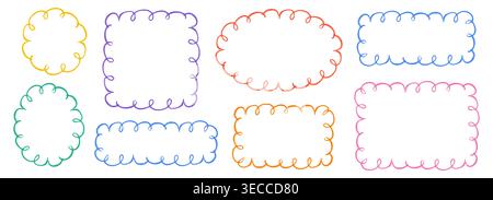 Scribble crayon doodle scalloped frames set. Chalk grunge girly blobs for text. Fluffy, wiggle label, stamp. Wavy whimsical edges curly doodle border. Vector illustration Stock Vector