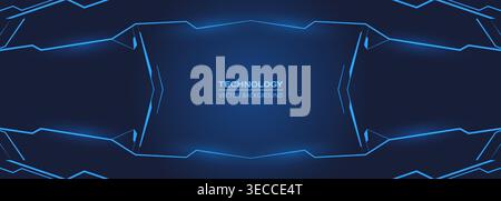 Scifi box hud. Blue abstract background showcasing symmetrical neon lines and glowing circuit frame surrounding central technology panel, deep navy Stock Vector