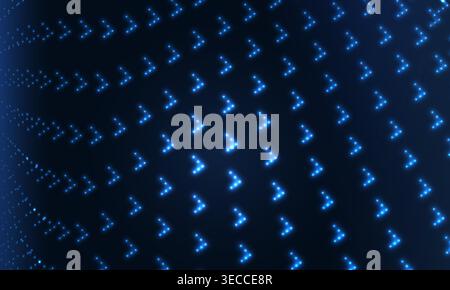 Blue dot abstract background glowing directional arrows map data flow across curved grid, neon blue palette, strong sense of depth and motion, pulsing Stock Vector