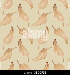 seamless elegant pattern of hand-drawn golden feathers and exotic leaves, soft beige botanical background for luxury stationary, wedding invitations, Stock Vector