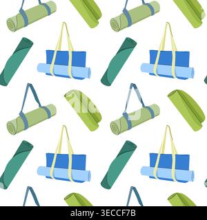 Seamless pattern with rolled yoga mats and sport bags in flat vector style illustration Stock Vector