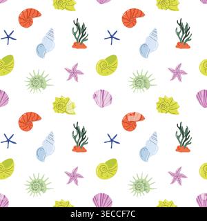 Seamless pattern with colorful flat vector sea shells and starfish on white background vector Stock Vector