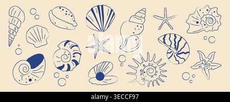 Collection of sea shells and starfish in blue outline flat style on beige background vector Stock Vector