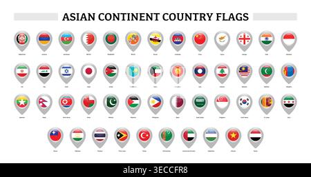 Asian country flags pin map markers isolated vector set Stock Vector