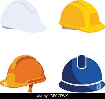 A flat illustration set featuring different styles of construction safety helmets in various colors. Stock Vector