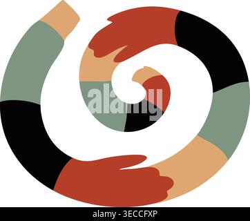 Simple illustration of multiple hands in different skin tones forming a connected spiral circle Stock Vector