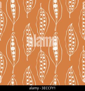 Pattern of white line art pods and seeds on terracotta background featuring earthy orange and white botanical palette for organic food packaging rusti Stock Vector