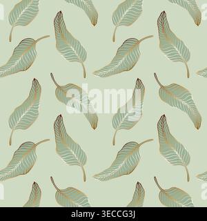 Pattern of hand-drawn tropical leaves with golden line art on sage green background featuring mint and gold botanical palette for luxury packaging wed Stock Vector