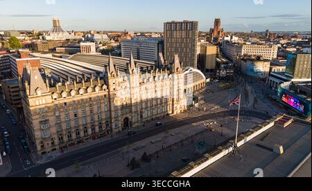 Liverpool Lime Street Station and city centre aerial view, England Stock Photo