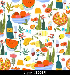Seamless Pattern With Delicious Food and Wine on White Background Stock Vector