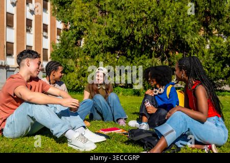 Diverse students relaxing, sharing, and studying on university campus Stock Photo