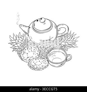 Pineapple Tea in Teapot Outline Illustration. Stock Vector