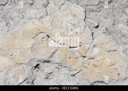 Front view macro shot of an old decayed concrete wall with deep holes and cracks Stock Photo