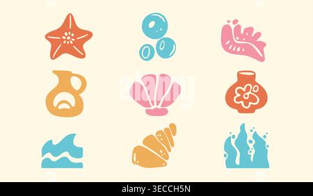 Set of abstract boho icons with color sea elements. Vector illustration of summer beach stickers with simple shape star fish, shell, waves, vases silhouettes, pattern for tropical resort or surf club Stock Vector