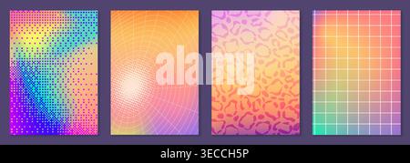 Set of gradient posters with abstract pattern on vibrant background. Vector realistic illustration of colorful y2k banners with glitch effect, leopard texture, wireframe design, creative wallpaper art Stock Vector