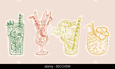 Tropical drinks collection in sketch style. Vector set of vintage cocktail illustrations with ice, lemon slices and hibiscus flower decor, hand drawn alcohol beverages with straws for bar menu design Stock Vector