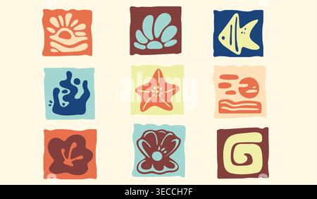 Set of abstract boho icons with color sea elements. Vector illustration of summer beach stickers with simple shape star fish, shell, coral, flower silhouettes, pattern for tropical resort or surf club Stock Vector