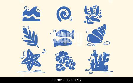 Set of abstract boho icons with blue sea elements. Vector illustration of summer beach stickers with wave, star fish, shell, coral, palm leaves silhouettes, pattern for tropical resort or surf club Stock Vector