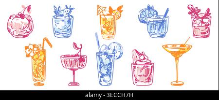 Vintage sketch set of cocktail glasses with tropical drinks on yellow background. Vector illustration of hand drawn margarita, martini beverages with fruit, ice and alcohol, summer bar or party design Stock Vector
