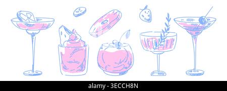 Vintage sketch set of cocktail glasses with tropical drinks. Vector set of illustrations, hand drawn margarita, martini, beverages with fruit, berries and alcohol, doodle summer bar, party menu design Stock Vector