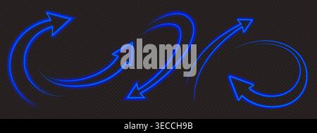 Glowing neon arrow set, blue curvy pointers up and down, 3d vector illustrations isolated on transparent background. Upgrade and growth, regress circular signs. Light trails with dynamic motion Stock Vector