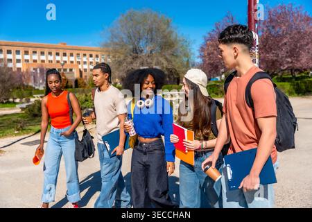 Diverse university students walking and talking on campus Stock Photo